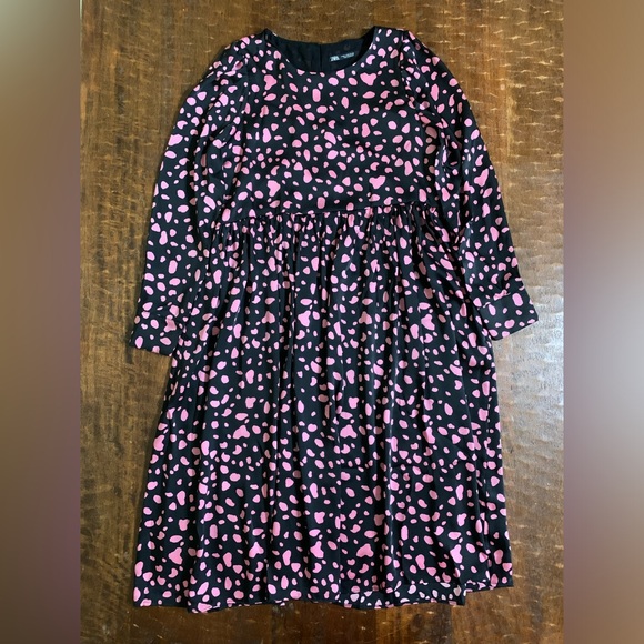Zara Size Medium Black With Pink Polka Dots Printed Long Sleeve Midi Dress - Picture 13 of 13